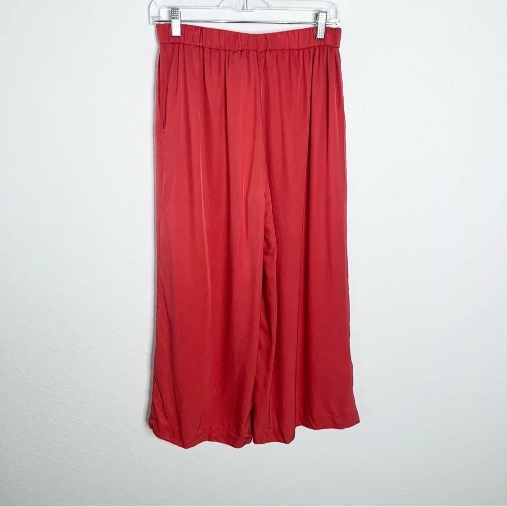 Theory Pants Women’s Small Silk Wide Leg Elastic Waist High Rise Pockets B4